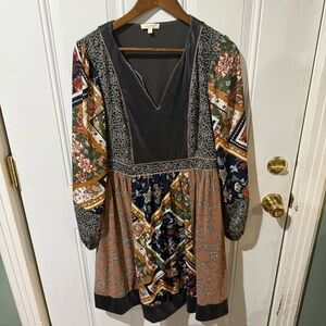 Mystree Multicolor Patchwork Long Sleeve Dress Velvet Bohemian Knee Length